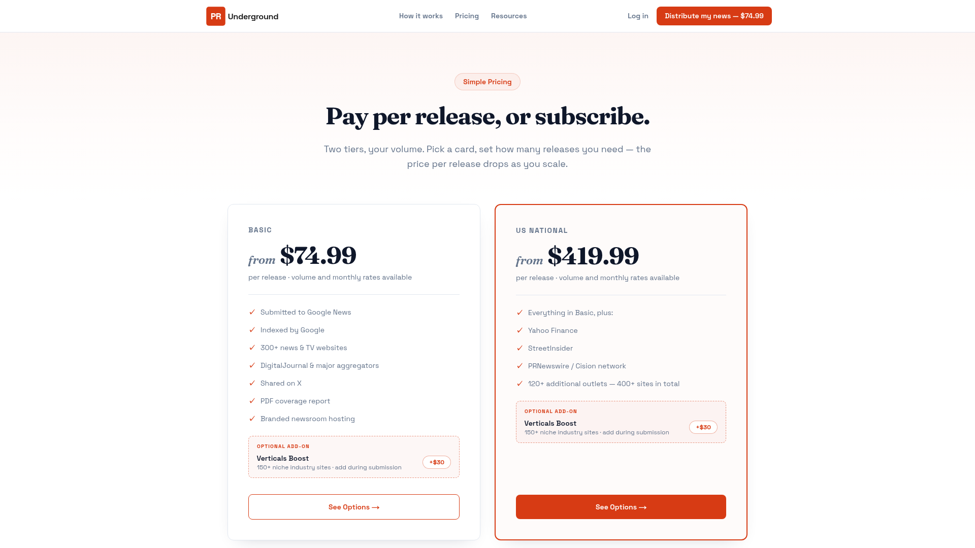 PR Underground — Pricing