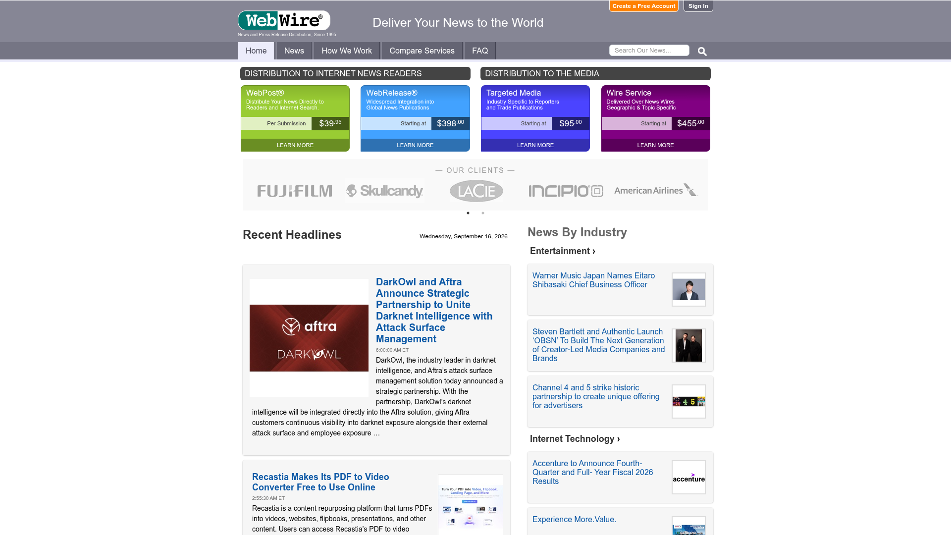 WebWire homepage
